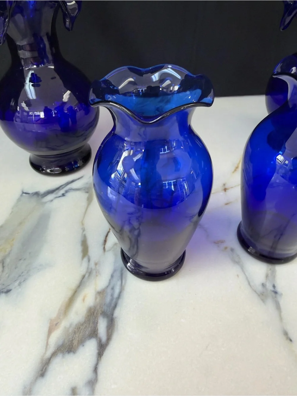 Vintage Cobalt Blue Art Glass Vase Set - 4 Piece Ruffled & Crimped Vase Bundle